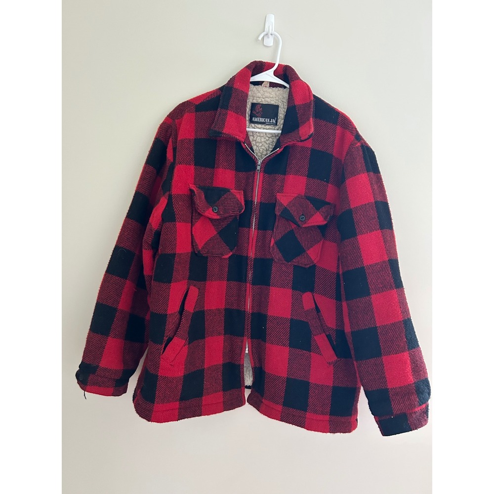 American Jac Vintage Buffalo Plaid Sherpa Lined Jacket Red Black XL Made in USA